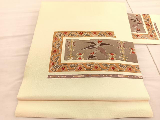 平和屋着物◎九寸名古屋帯　枝葉文　正絹　逸品　BAAV5422hv