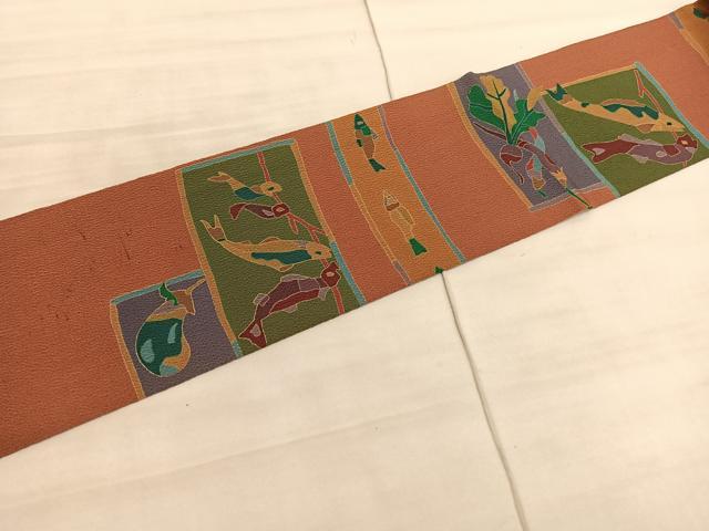 平和屋着物●全通柄九寸名古屋帯 型染め 魚に獅子唐 鬼しぼ縮緬 正絹 逸品 BAAV5420hv