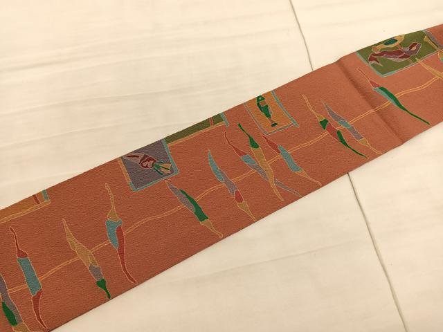 平和屋着物●全通柄九寸名古屋帯 型染め 魚に獅子唐 鬼しぼ縮緬 正絹 逸品 BAAV5420hv