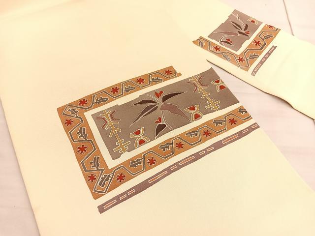 平和屋着物◎九寸名古屋帯　枝葉文　正絹　逸品　BAAV5422hv