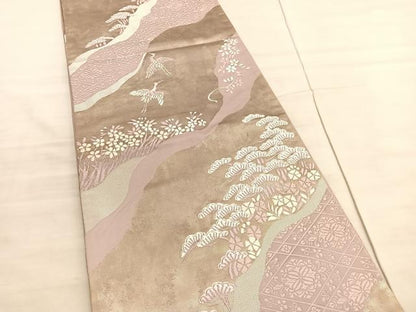 平和屋着物◎六通柄袋帯 唐織 飛鶴松花文 銀糸 引箔 正絹 逸品 BAAV5509hv