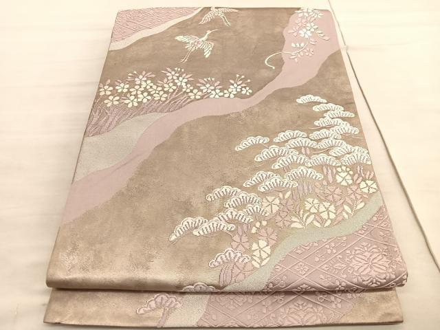 平和屋着物◎六通柄袋帯 唐織 飛鶴松花文 銀糸 引箔 正絹 逸品 BAAV5509hv