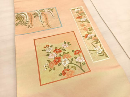 平和屋着物◎太鼓柄袋帯　唐織　総刺繍　短冊花文　金糸　正絹　逸品　BAAV5786hv