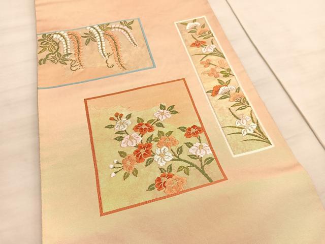 平和屋着物◎太鼓柄袋帯　唐織　総刺繍　短冊花文　金糸　正絹　逸品　BAAV5786hv