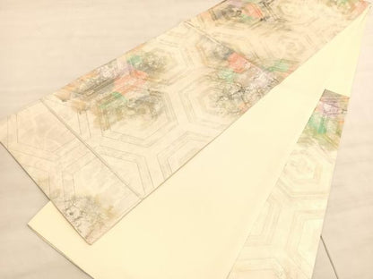 平和屋着物◎六通柄袋帯　亀甲文　銀糸　引箔　正絹　逸品　未使用　BAAV5807hv