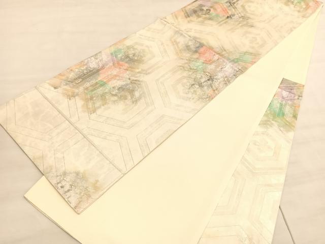 平和屋着物◎六通柄袋帯　亀甲文　銀糸　引箔　正絹　逸品　未使用　BAAV5807hv