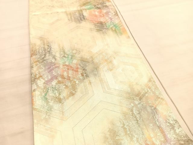 平和屋着物◎六通柄袋帯　亀甲文　銀糸　引箔　正絹　逸品　未使用　BAAV5807hv