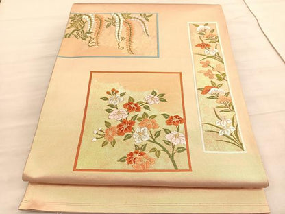 平和屋着物◎太鼓柄袋帯　唐織　総刺繍　短冊花文　金糸　正絹　逸品　BAAV5786hv