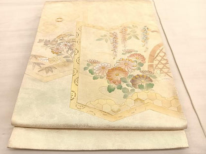 平和屋着物◎太鼓柄袋帯 手描き 刺繍 屏風籬花文 金彩 引箔 正絹 逸品 BAAV5834hv