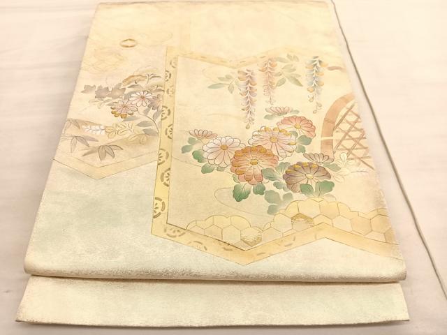 平和屋着物◎太鼓柄袋帯 手描き 刺繍 屏風籬花文 金彩 引箔 正絹 逸品 BAAV5834hv