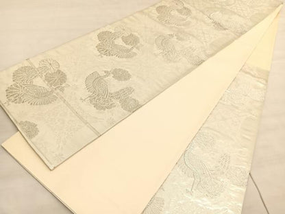 平和屋着物◎六通柄袋帯 蜀江孔雀花文 銀糸 正絹 逸品 BAAV5636hv