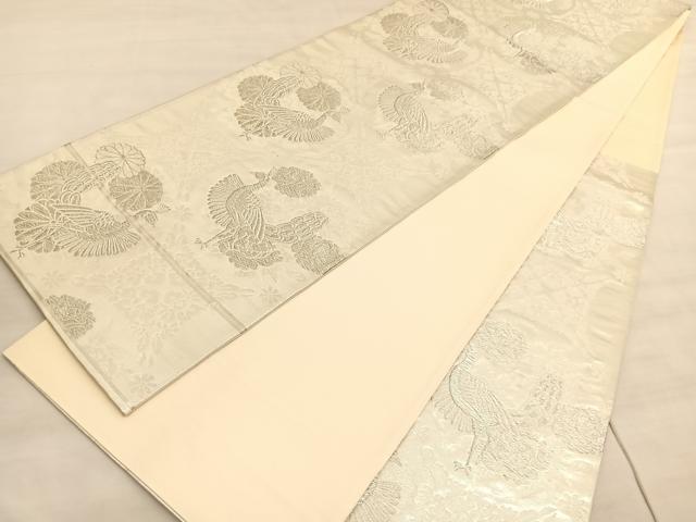 平和屋着物◎六通柄袋帯 蜀江孔雀花文 銀糸 正絹 逸品 BAAV5636hv