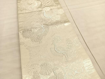 平和屋着物◎六通柄袋帯 蜀江孔雀花文 銀糸 正絹 逸品 BAAV5636hv
