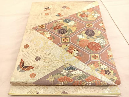 平和屋着物◎六通柄袋帯　唐織　蜀甲花丸文　金糸　正絹　逸品　BAAV5884hv