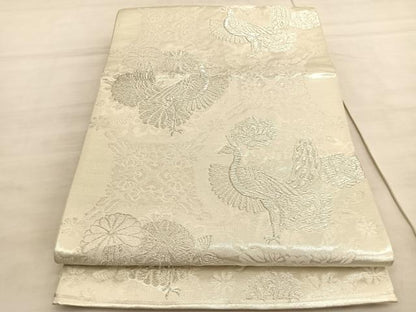 平和屋着物◎六通柄袋帯 蜀江孔雀花文 銀糸 正絹 逸品 BAAV5636hv