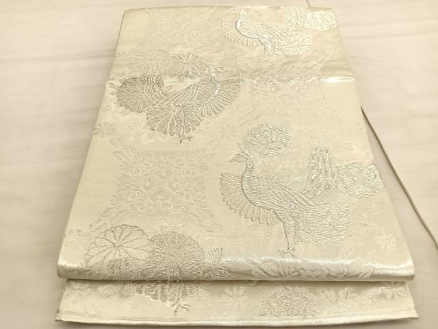 平和屋着物◎六通柄袋帯 蜀江孔雀花文 銀糸 正絹 逸品 BAAV5636hv