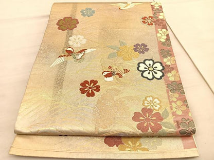 平和屋着物◎六通柄袋帯　唐織　桃山桜鴛鴦文　金糸　引箔　正絹　逸品　BAAV5878hv
