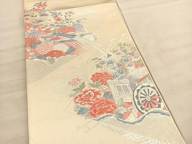 平和屋着物◎六通柄袋帯　唐織　雉に御所車文　銀糸　正絹　逸品　BAAV5893hv