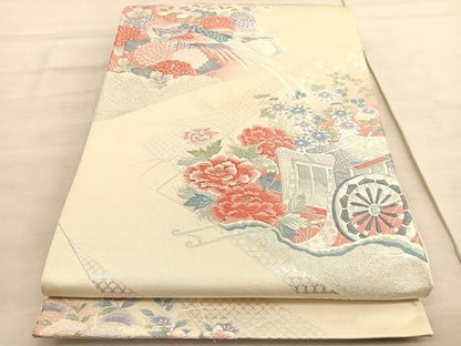 平和屋着物◎六通柄袋帯　唐織　雉に御所車文　銀糸　正絹　逸品　BAAV5893hv