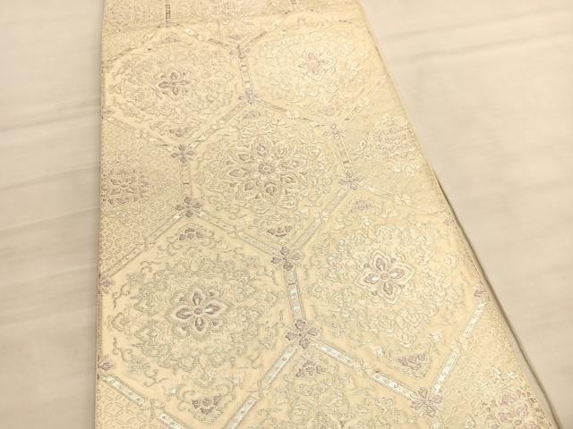 平和屋着物◎西陣　六通柄袋帯　唐織　亀甲花文　銀糸　正絹　逸品　BAAV5897hv