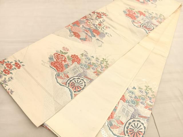 平和屋着物◎六通柄袋帯　唐織　雉に御所車文　銀糸　正絹　逸品　BAAV5893hv