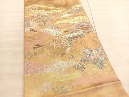 平和屋着物◎六通柄袋帯　唐織　渡橋御所車風景文　金銀糸　引箔　正絹　逸品　BAAV5937hv