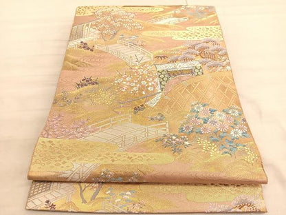平和屋着物◎六通柄袋帯　唐織　渡橋御所車風景文　金銀糸　引箔　正絹　逸品　BAAV5937hv