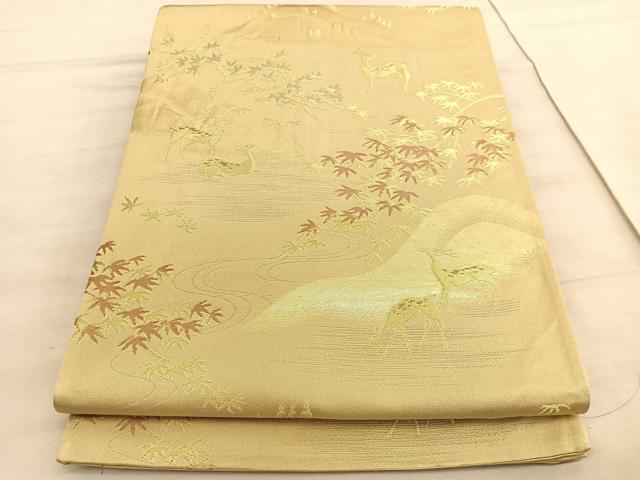 平和屋着物◎六通柄袋帯　鹿流水楓文　金糸　正絹　逸品　BAAV5964hv
