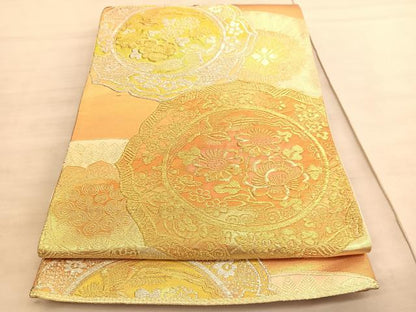 平和屋着物◎六通柄袋帯　花鳥絵皿文　金銀糸　正絹　逸品　BAAV5957hv