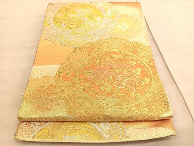 平和屋着物◎六通柄袋帯　花鳥絵皿文　金銀糸　正絹　逸品　BAAV5957hv