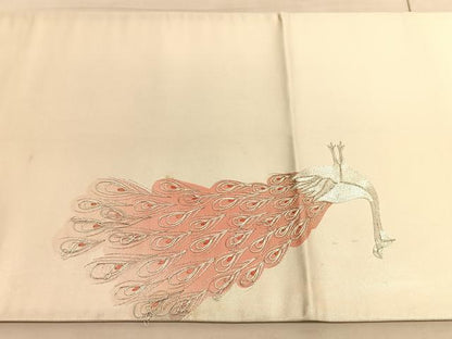 平和屋着物◎太鼓柄袋帯　駒刺繍　孔雀　銀糸　引箔　正絹　逸品　BAAV5961hv