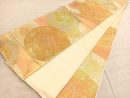 平和屋着物◎六通柄袋帯　花鳥絵皿文　金銀糸　正絹　逸品　BAAV5957hv