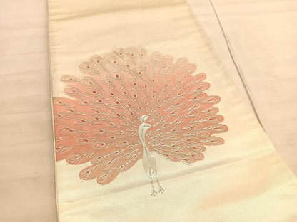平和屋着物◎太鼓柄袋帯　駒刺繍　孔雀　銀糸　引箔　正絹　逸品　BAAV5961hv