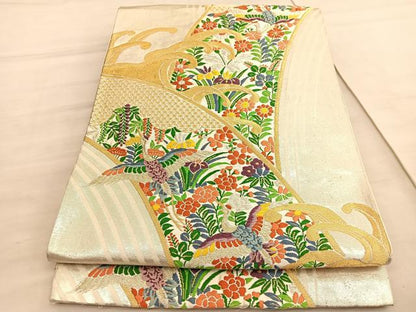 平和屋着物◎六通柄袋帯　唐織　立波飛鶴花文　金銀糸　正絹　逸品　BAAV5968hv