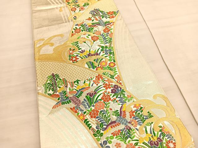 平和屋着物◎六通柄袋帯　唐織　立波飛鶴花文　金銀糸　正絹　逸品　BAAV5968hv