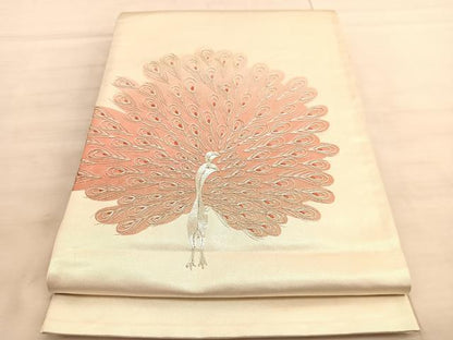 平和屋着物◎太鼓柄袋帯　駒刺繍　孔雀　銀糸　引箔　正絹　逸品　BAAV5961hv