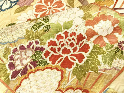 平和屋着物●豪華振袖・長襦袢(無双仕立て)セット 駒刺繍 檜扇花文 金彩 三越扱い ロング丈 正絹 逸品 AABC3704ph