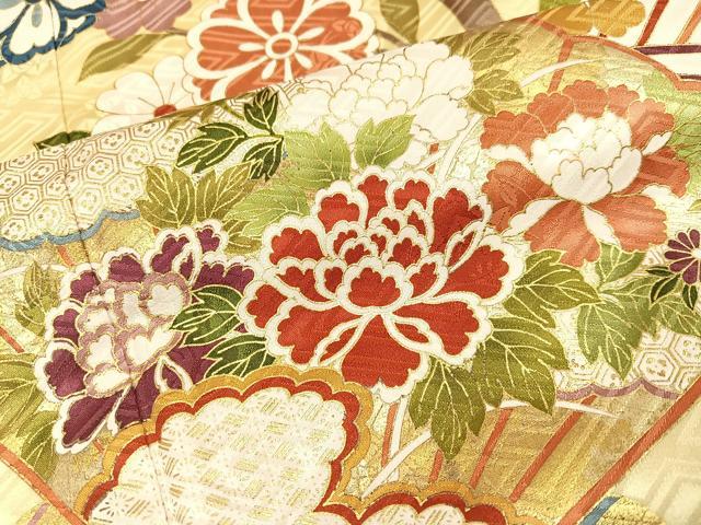平和屋着物●豪華振袖・長襦袢(無双仕立て)セット 駒刺繍 檜扇花文 金彩 三越扱い ロング丈 正絹 逸品 AABC3704ph