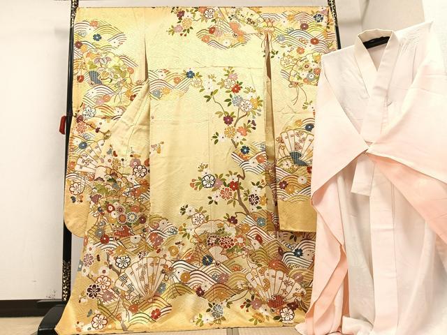 平和屋着物●豪華振袖・長襦袢(無双仕立て)セット 駒刺繍 檜扇花文 金彩 三越扱い ロング丈 正絹 逸品 AABC3704ph