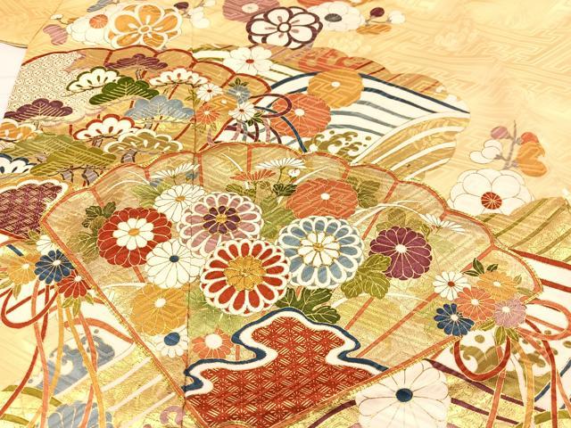 平和屋着物●豪華振袖・長襦袢(無双仕立て)セット 駒刺繍 檜扇花文 金彩 三越扱い ロング丈 正絹 逸品 AABC3704ph