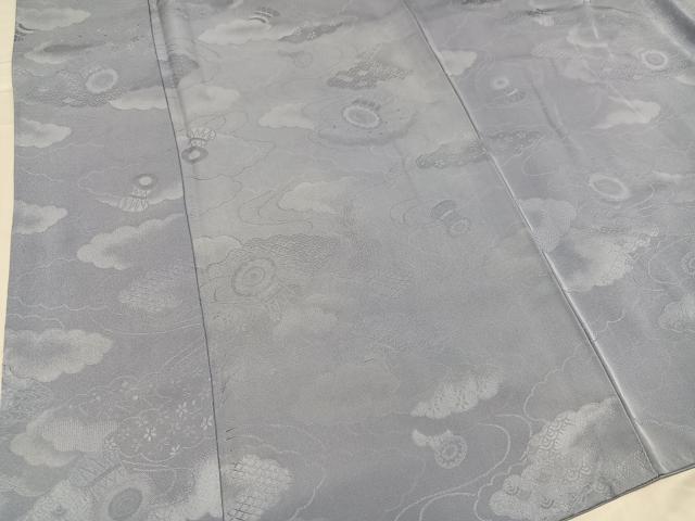 平和屋着物●上質な色無地 雲重ね鼓地紋 桔梗鼠色 正絹 逸品 AABC4466ph