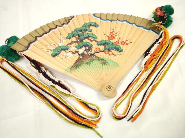 平和屋本店■和装小物　檜扇　十ニ単用　扇子　手描　松竹梅　平安装束　六色飾り紐　糸花　25橋　箱付き　逸品　DZAA11503kh5
