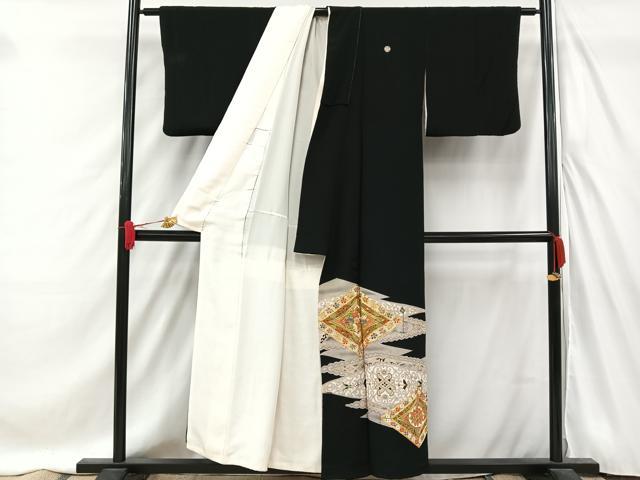 平和屋着物■豪華黒留袖　駒刺繍　更紗花菱文　金彩　正絹　逸品　AABC3109uw