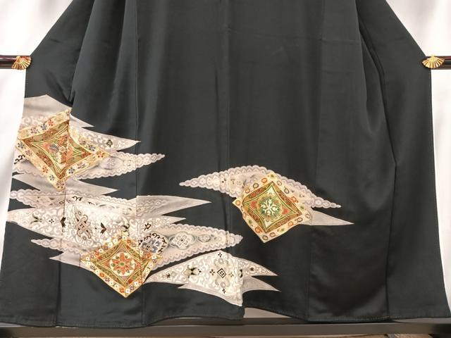 平和屋着物■豪華黒留袖　駒刺繍　更紗花菱文　金彩　正絹　逸品　AABC3109uw