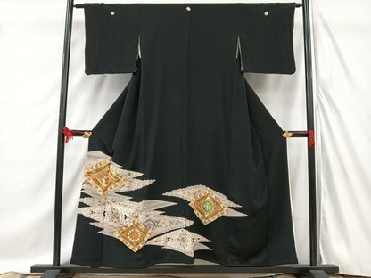 平和屋着物■豪華黒留袖　駒刺繍　更紗花菱文　金彩　正絹　逸品　AABC3109uw