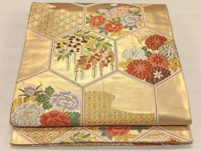 平和屋着物◎六通柄袋帯 唐織 亀甲花文 金銀糸 正絹 逸品 CAAY1165qv