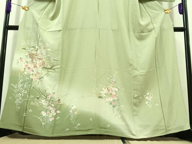 平和屋着物▽訪問着　単衣　扇面花文　暈し染め　金銀彩　正絹　逸品　AABC6182jh