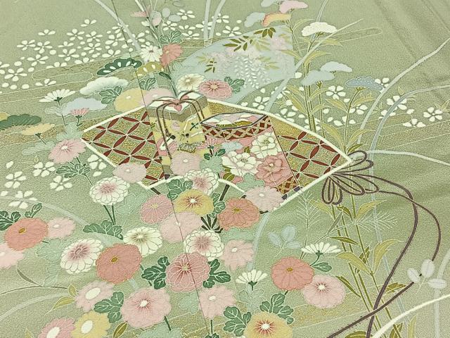 平和屋着物▽訪問着　単衣　扇面花文　暈し染め　金銀彩　正絹　逸品　AABC6182jh