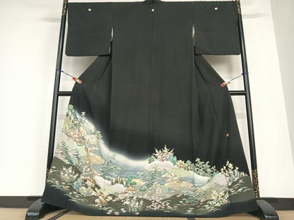平和屋着物●豪華黒留袖　友禅　作家物　華峰　松竹梅風景文　暈し染め　正絹　逸品　AABC0174zg
