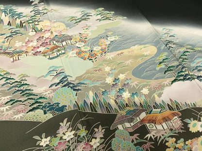 平和屋着物●豪華黒留袖　友禅　作家物　華峰　松竹梅風景文　暈し染め　正絹　逸品　AABC0174zg